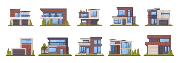 Vector illustration of Modern houses. Suburban real estate architecture, contemporary residential buildings, urban cottages, country houses flat vector illustration set. Hand drawn house collection