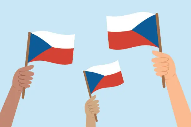 Vector illustration of Diverse hands holding flags of Czech Republic. Vector illustration of Czech Republic flags in flat style.