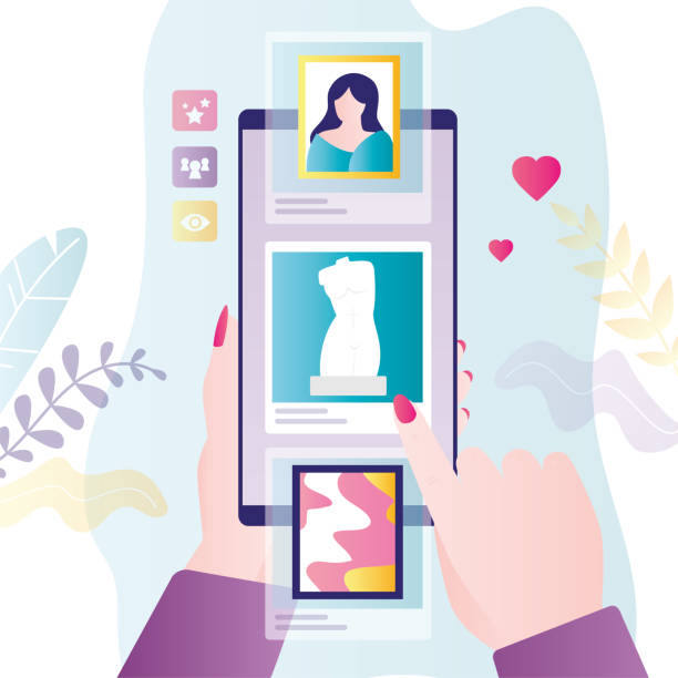 istock Female hands scrolls tape virtual museum on smartphone screen. Art exhibition with cellphone, internet excursion and art gallery interactive tour. 2145999443