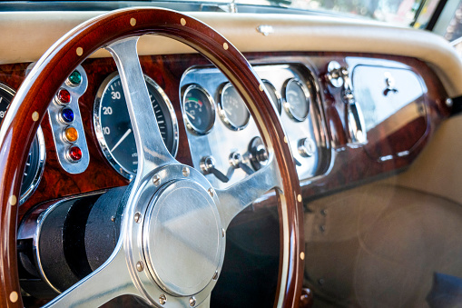 vintage car vehicle dashboard and steering wheel