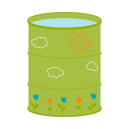 A garden barrel with water. A rainwater storage tank. Watering plants. Vector illustration on a white background.