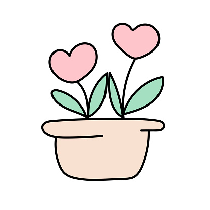 Flowers in a pot with hearts in doodle style. Vector illustration isolated on white background