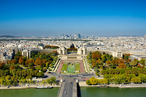An aerial view from the top of Effeil tower towards the Trocadero Park.