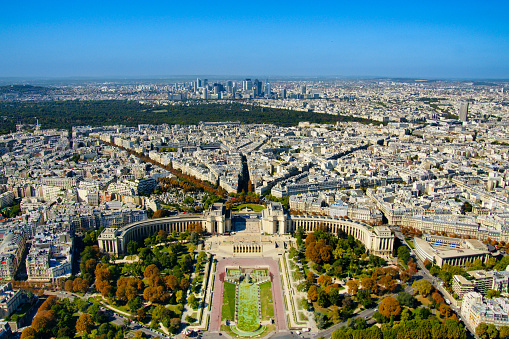 An aerial view from the top of Effeil tower towards the Trocadero Park.