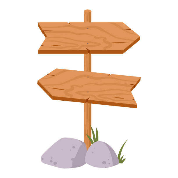Wooden pathfinding sign. Arrow rustic sign boards, direction sign border flat isolated vector illustration. Wood sign board on white