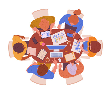 Teamwork or brainstorming top view. People working at table, man and woman sitting around wooden desk view from above flat vector illustration. Characters working process scene