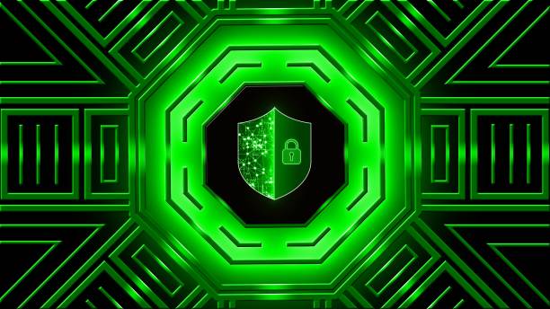 istock Modern futuristic background with glowing neon green lights and protective shield with padlock centered in octagonal elements - digital security information technology concept 2146085671