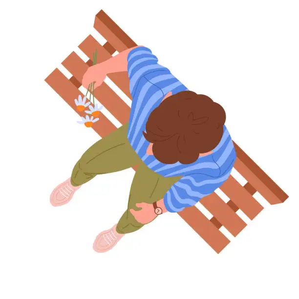 Vector illustration of Man sitting on bench. Male character view from above, men with flowers top view flat vector illustration. Sitting guy top view