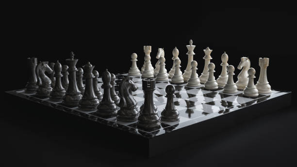 istock Chess pieces on a chessboard on a black background. 3d illustration 2146118567