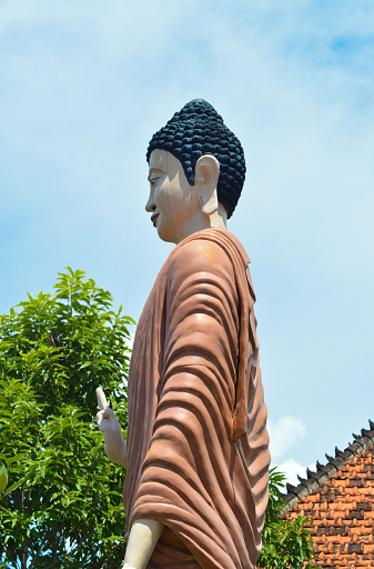 Low-Angle Portrait Side View Of A Buddha Monk Statue Standing In Blessing Posture Against Cloudy Sky Backdrop During The Daytime