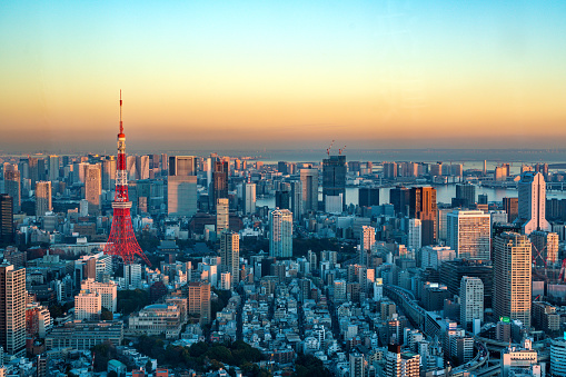 tokyo, japan - march 23 2022: Bird's-eye view of a beautiful pink and orange color sunset on a cityscape of the Shibadaimon district overlooked by the iconic Tokyo tower.