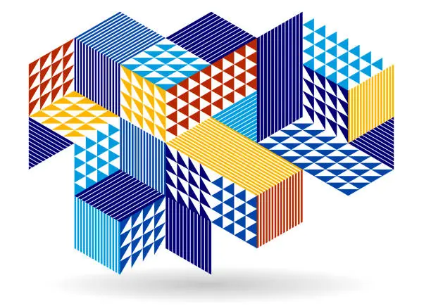 Vector illustration of Abstract vector wallpaper with 3D isometric cubes blocks, geometric construction with blocks shapes and forms, cubic polygonal low poly theme.