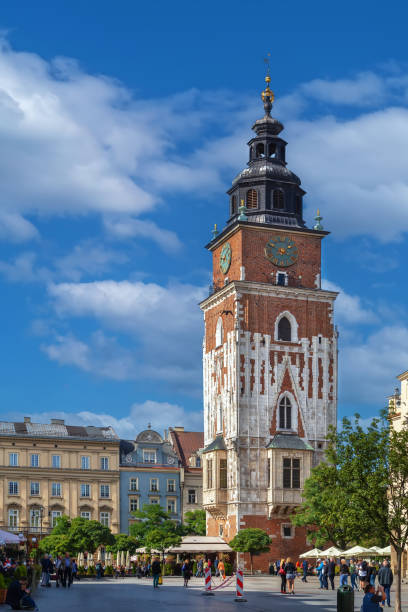 Kraków's Town Hall Tower (Wieża Ratuszowa), located on the iconic Rynek Główny Square, is the last remaining part of the original Gothic town hall, which was demolished in 1820. Built in the 14th century, the 70-meter (230-foot) tall tower leans slightly due to a 17th-century storm. Constructed from limestone and brick, it features a baroque-style dome added after a fire in 1680. Visitors can climb its steep staircase for panoramic views of the city.
