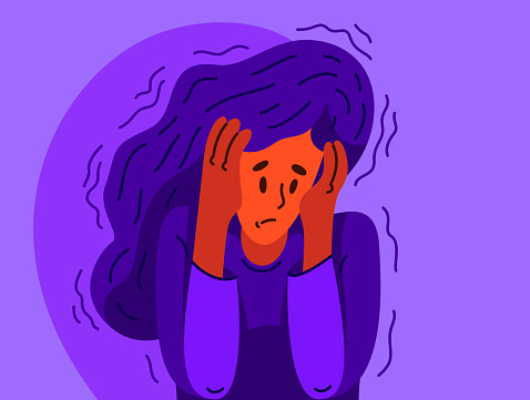 Young woman feeling stressed and uncomfortable, vector illustration of a person having mental disorder panic and anxiety, psychological problems.
