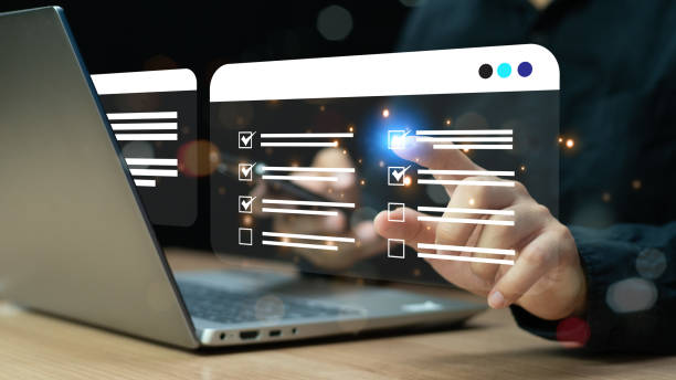 istock Questionnaire with checkboxes, filling survey form online, answer questions of test. Survey form concept. Education futuristic technology and learning concept. 2146182153