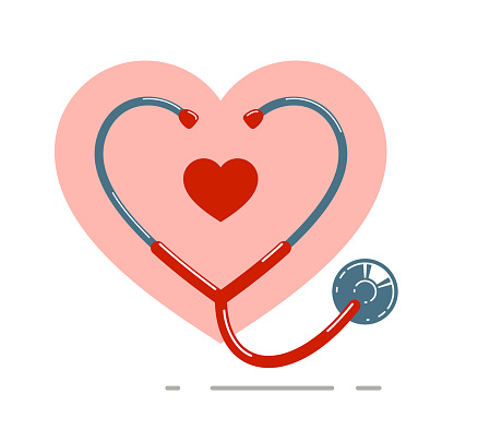 Stethoscope with heart vector simple icon isolated over white background, cardiology theme illustration or logo.