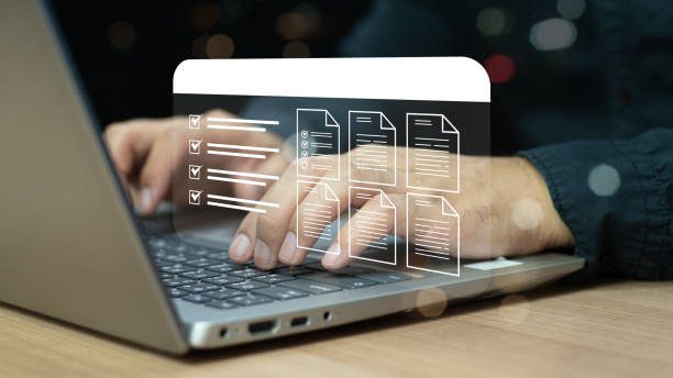 istock Questionnaire with checkboxes, filling survey form online, answer questions of test. Survey form concept. Education futuristic technology and learning concept. 2146183747