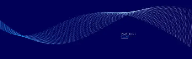 Vector illustration of Dark blue airy particles flow vector design, abstract background with wave of flowing dots array, digital futuristic illustration, nano technology theme.