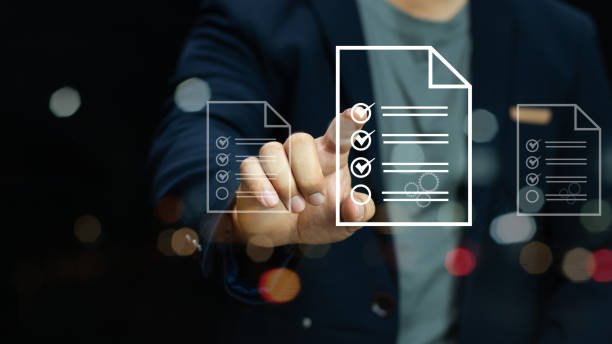 istock Questionnaire with checkboxes, filling survey form online, answer questions of test. Survey form concept. Education futuristic technology and learning concept. 2146186402
