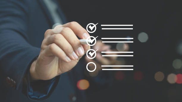 istock Questionnaire with checkboxes, filling survey form online, answer questions of test. Survey form concept. Education futuristic technology and learning concept. 2146186418