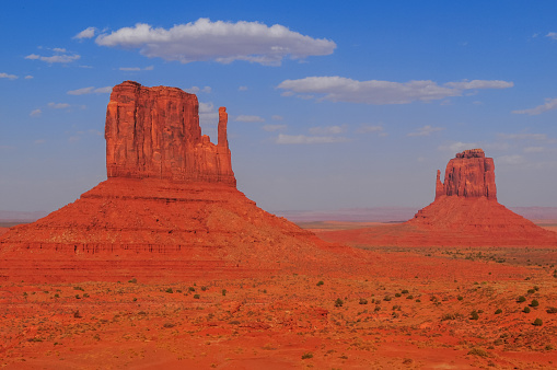 West and East Mitten from a viewpoint near the entrance to the scenic drive of the Monument Valley Navajo Tribal Park, Arizona, USA.