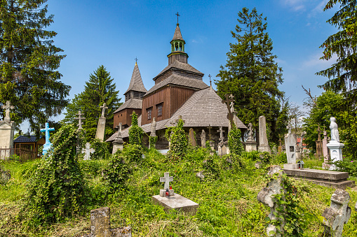 Wooden church in Ukraine, Ivano-Frankivsk Region in a beautiful summer day, Ukraine