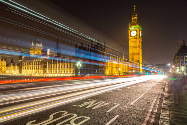 Night view at London Big Ben and traffic on Westminster Bridge in a beautiful summer night, London, England, United Kingdom