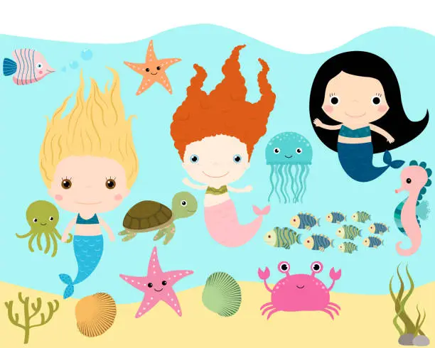 Vector illustration of Cute mermaids and sea animals vector collection