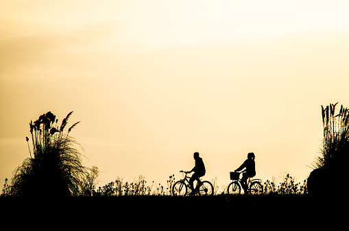 backlit silhouette of person riding a bicycle at sunset