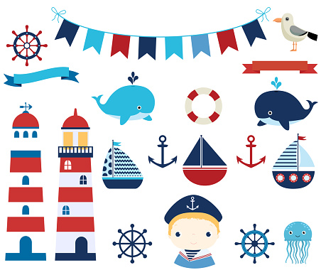 Nautical vector design elements with boats, helms and lighthouses for summer baby showers and invitations