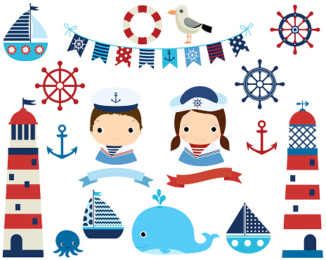 Cute nautical set with girl and boy, lighthouses and marine design elements