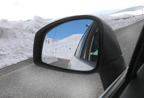 Mirror view from car in winter