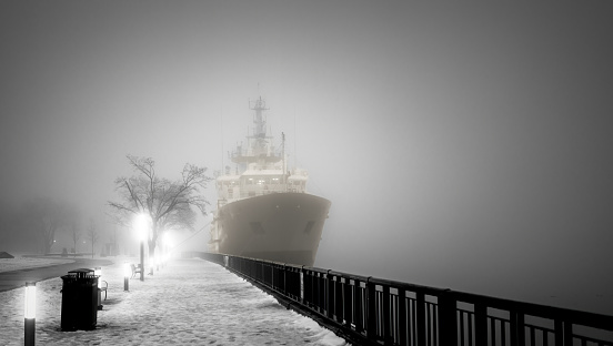 A Coast Guard icebreaker ship is shown moored in Windsor, Ontario.