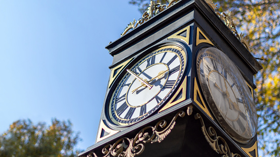 Vintage style street clock on a blue sky and trees background, low-angle closeup shot with copy space.