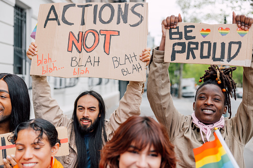 People marching for equal rights for LGBTQI+ community. Pride in New York.