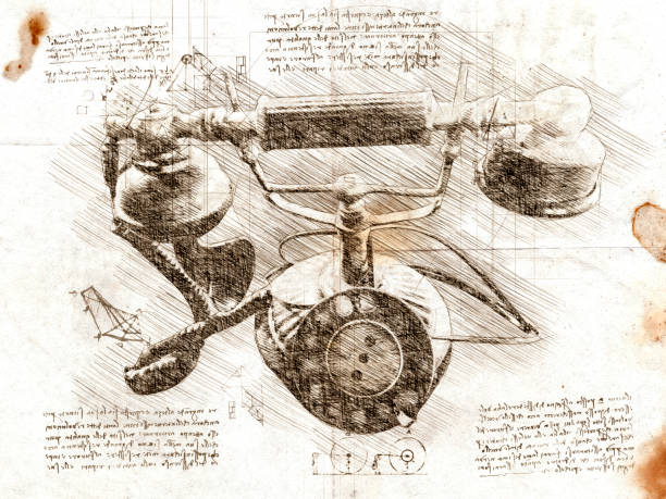 istock Sketch in da Vinci style of old bl;ack phone with rotary dial in front 2146356929