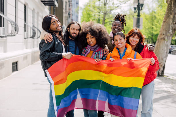 People marching for equal rights for LGBTQI+ community. Pride in New York