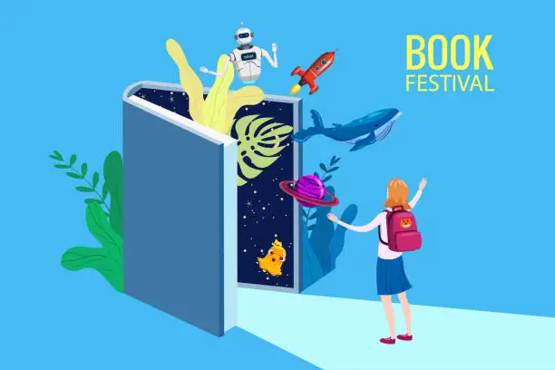 Vector illustration of Book Festival Fair concept, girl open huge book