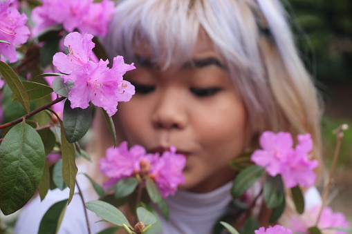 A closeup of a Filipino woman with pink Rhododendron flowers in a garden. She is wearing multi colored hair, makeup, and a white t shirt.