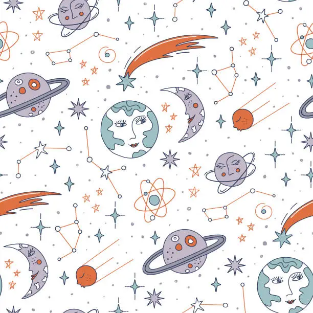 Vector illustration of Cute seamless pattern with astronomy symbols for kids. Outer space colorful background. International day of human space flight. Doodle style vector illustration.