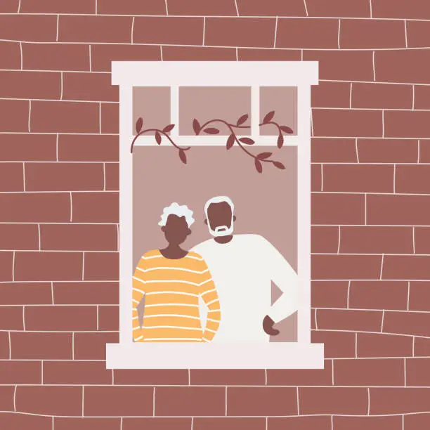 Vector illustration of Couple of elderly people are standing at the open window. Black senior woman and black senior man