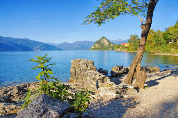Castelveccana, the beach Cinque Arcate on lake Lago Maggiore in northern Italy