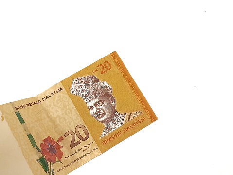 Isolated white photo of the 20 Malaysian Ringgit (RM) bank note.