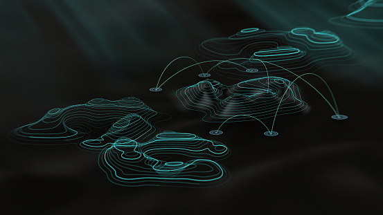 Abstract Hologram Landscape background - 3d rendered image of topology structure map. Polygonal wireframe design element.
Virtual reality,  Augmented reality technology concept. Plexus design elements - connections symbol.