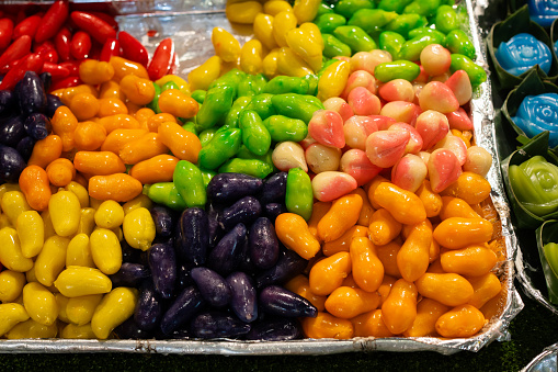Jelly coated green bean Thai traditional dessert display at the food stall