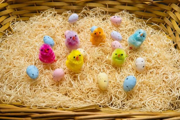 Toy easter chicks and eggs on a bedding of straw and a multitude of colours