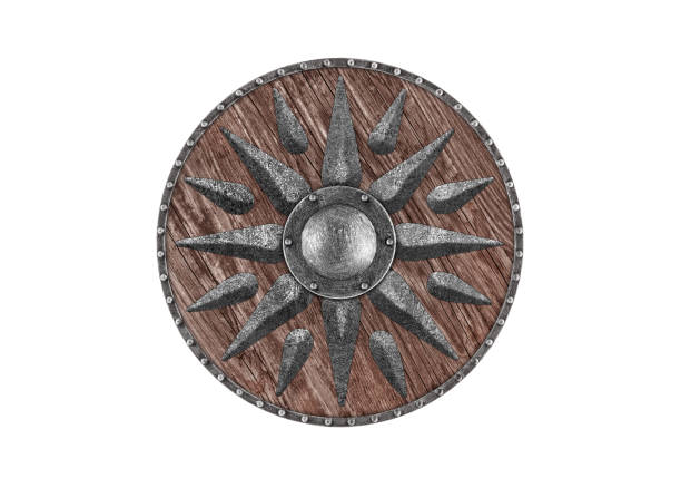 Old decorated wooden round shield isolated on white background