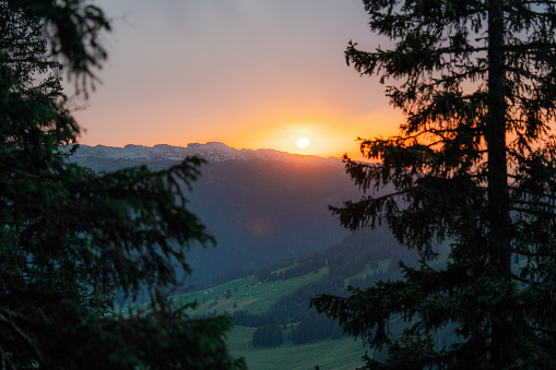 Scenic view of colourful dusk over Swiss Alps  in summer