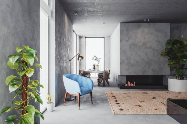 Modern living room with concrete walls. 3D generated image.