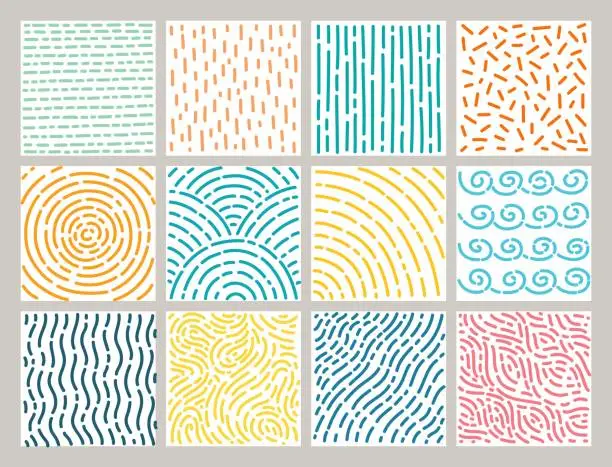 Vector illustration of Cute doodle textures. Abstract patterns, hand drawn dashes, twisting, straight and curved lines, simple minimalistic elements. Flat scribble Geometric shapes. Simple background. Vector set